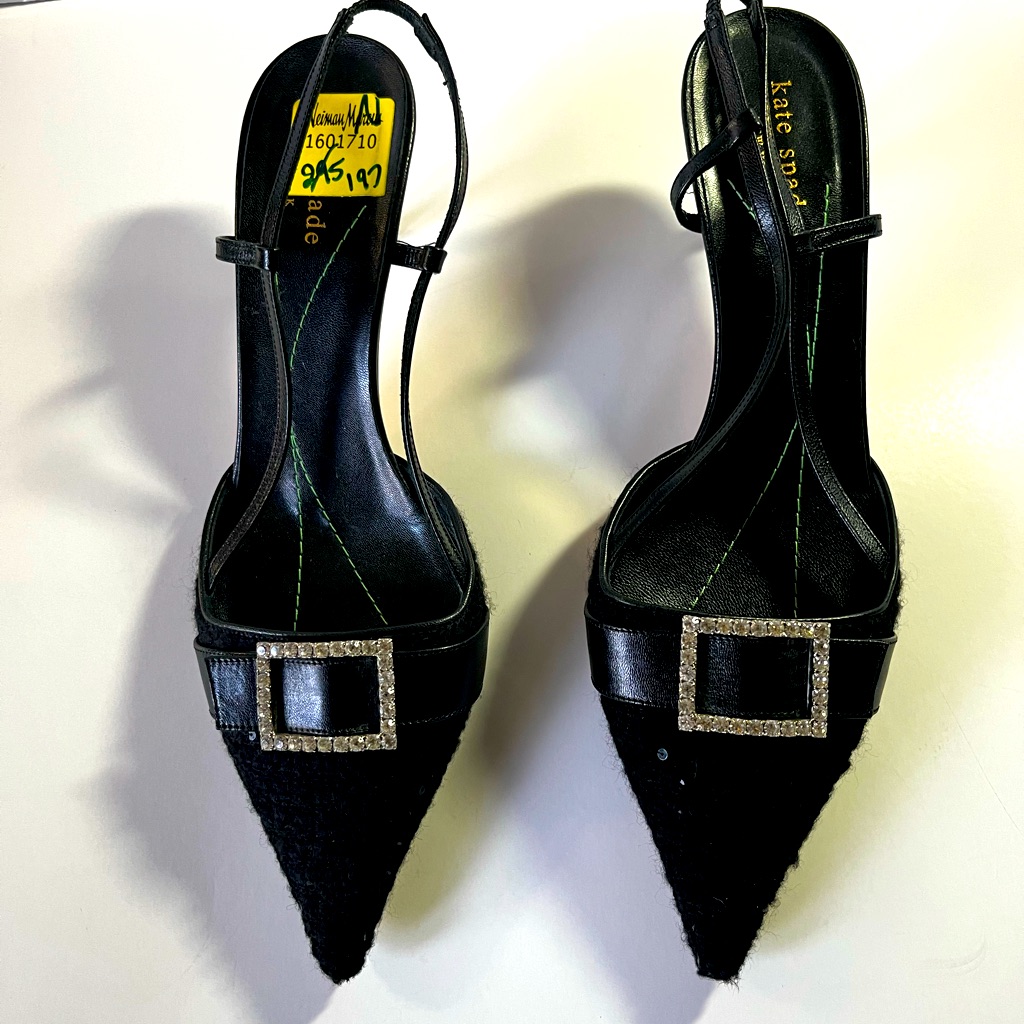Kate Spade Black Leather, Cloth, And Crystal Kitten Heels